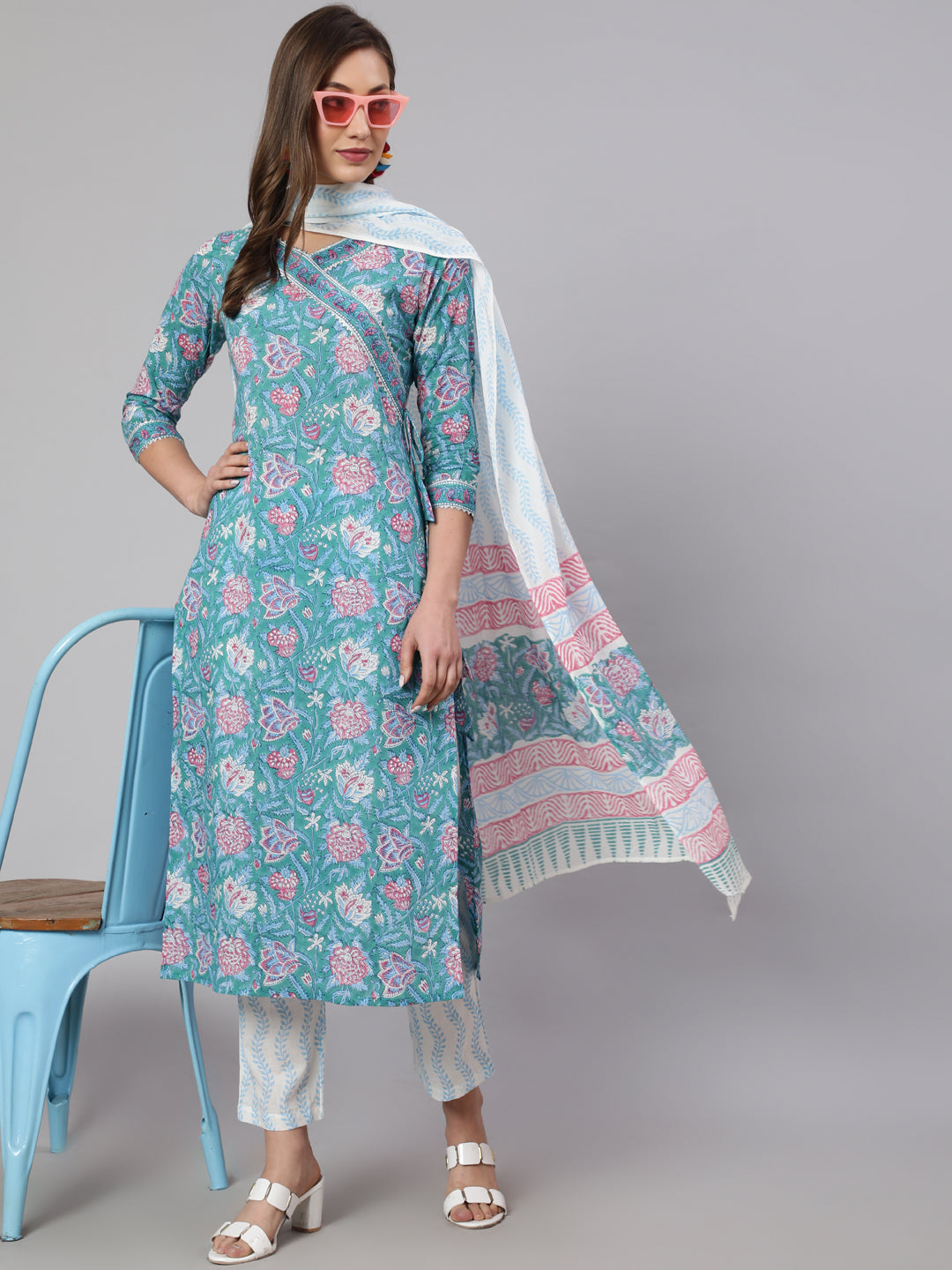 Print Cotton Calf Length Straight V Neck Kurta, Pants With Dupatta Set