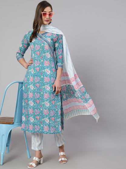 Print Cotton Calf Length Straight V Neck Kurta, Pants With Dupatta Set