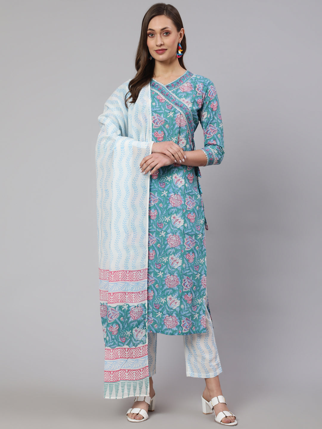 Print Cotton Calf Length Straight V Neck Kurta, Pants With Dupatta Set