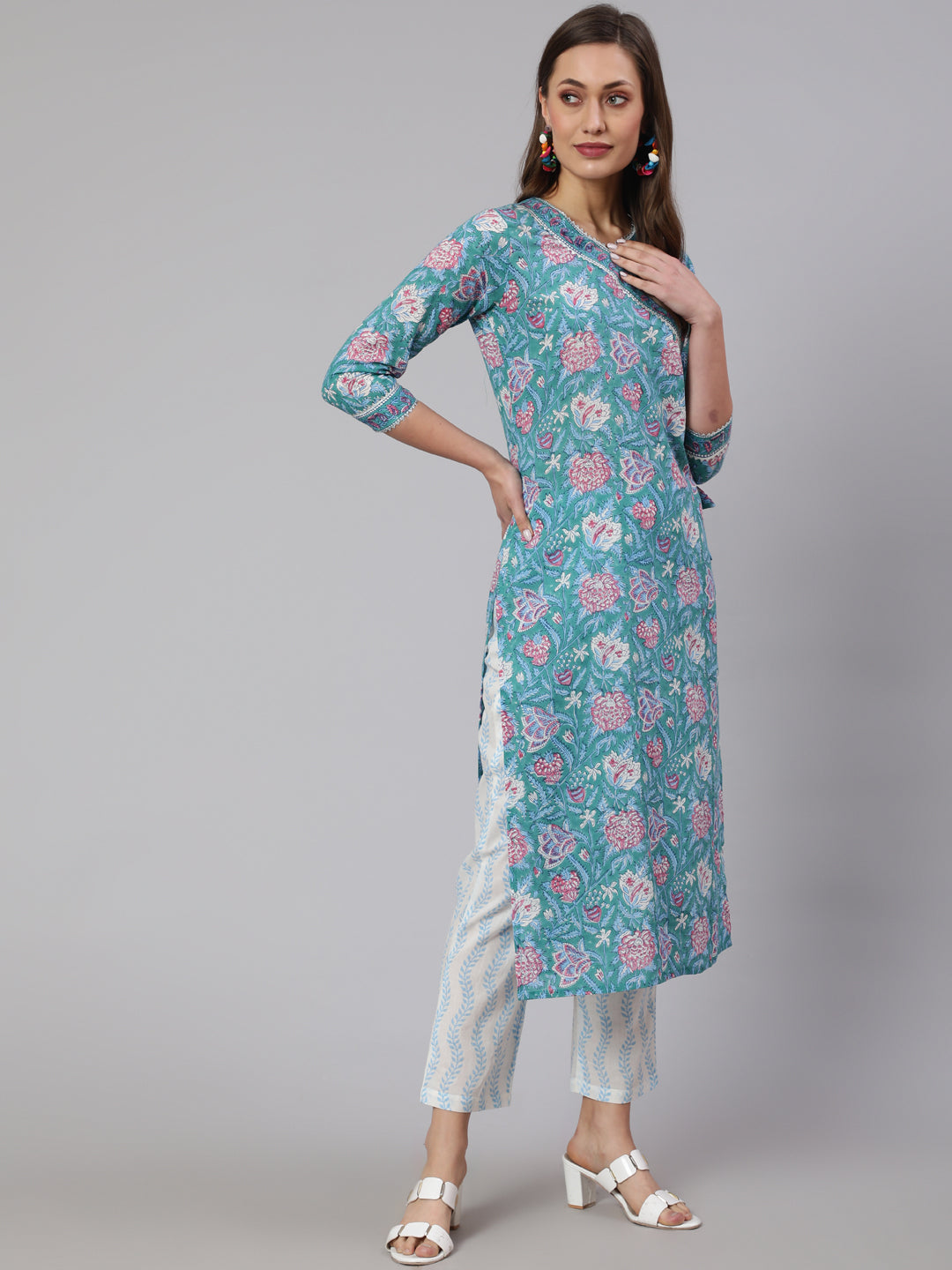 Print Cotton Calf Length Straight V Neck Kurta, Pants With Dupatta Set