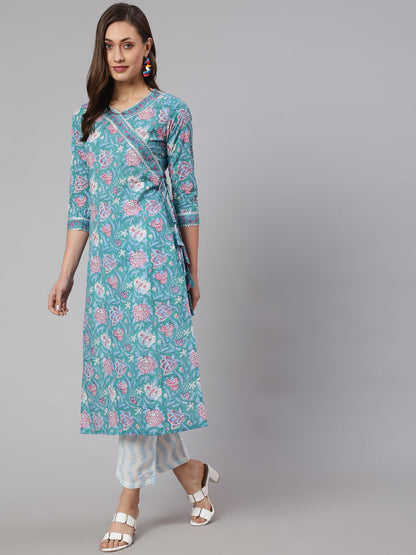 Print Cotton Calf Length Straight V Neck Kurta, Pants With Dupatta Set