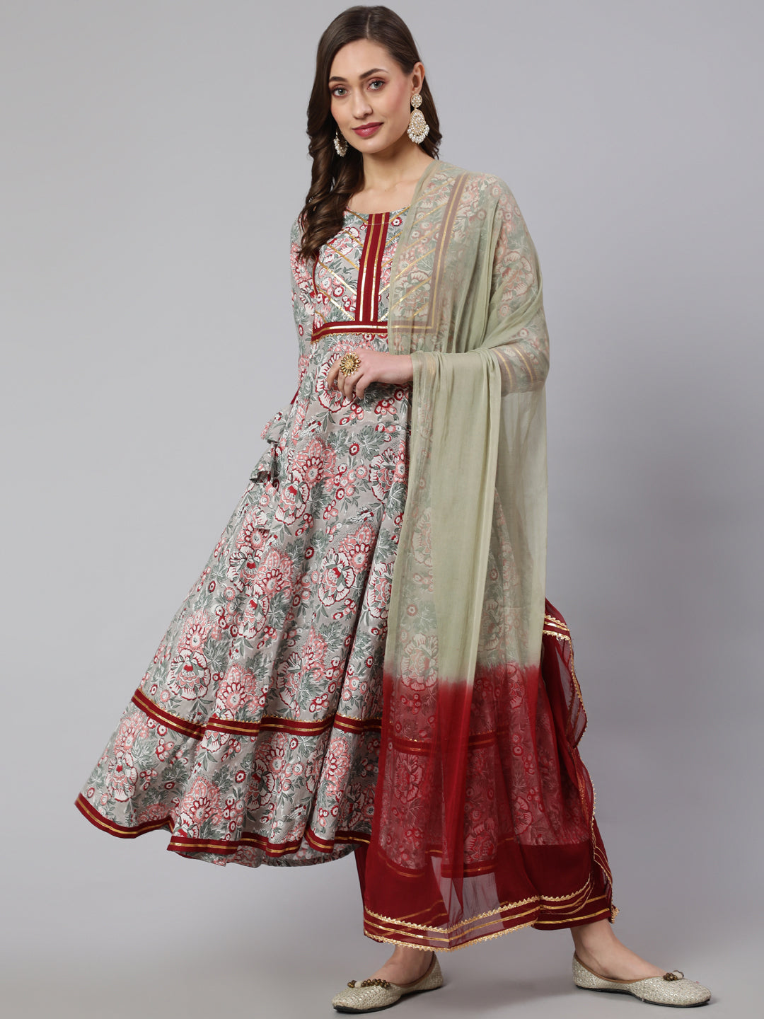 Rayon Printed Ankle Length Flared 3/4 Sleeve Round Neck Kurta, Pants With Dupatta Set