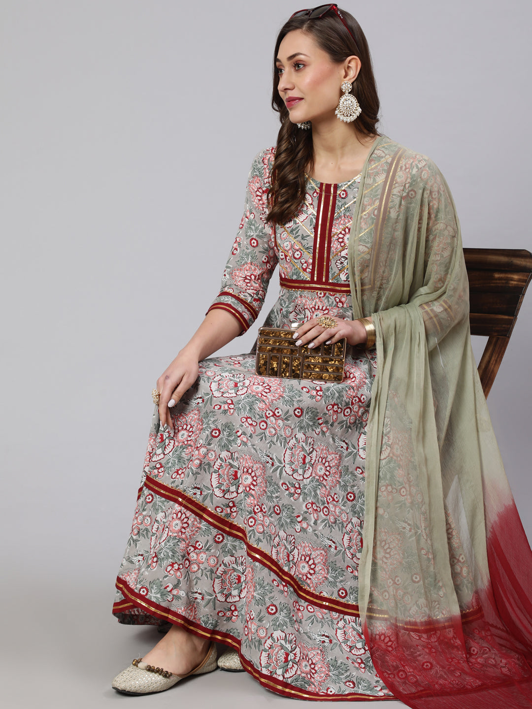 Rayon Printed Ankle Length Flared 3/4 Sleeve Round Neck Kurta, Pants With Dupatta Set