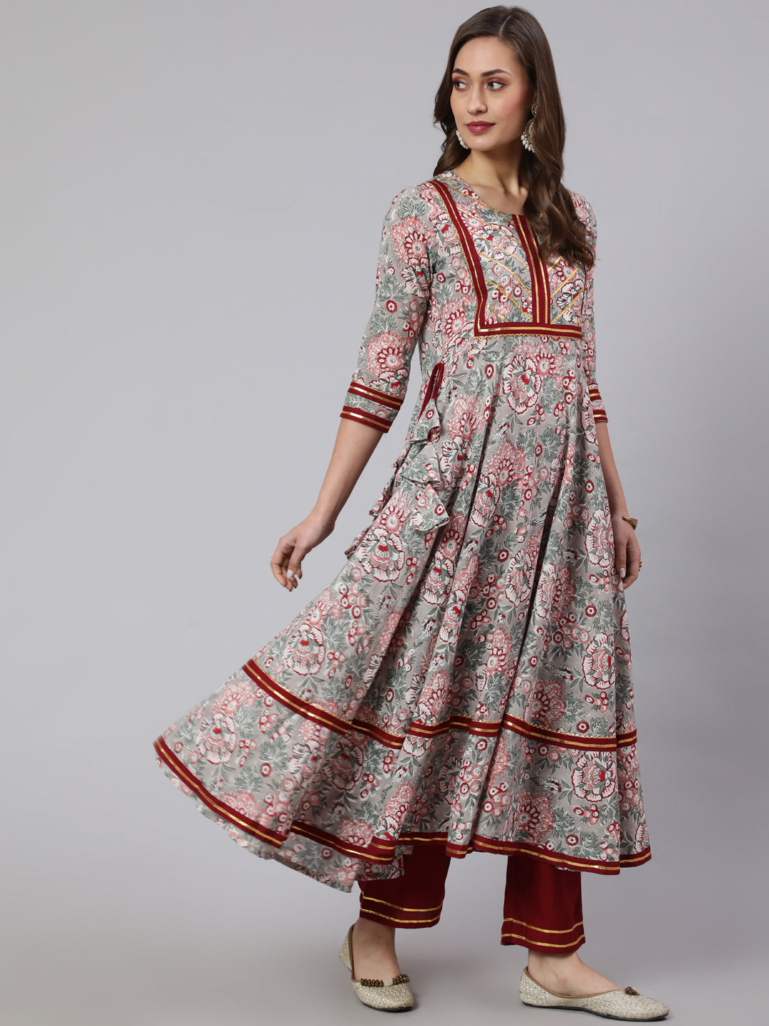 Rayon Printed Ankle Length Flared 3/4 Sleeve Round Neck Kurta, Pants With Dupatta Set