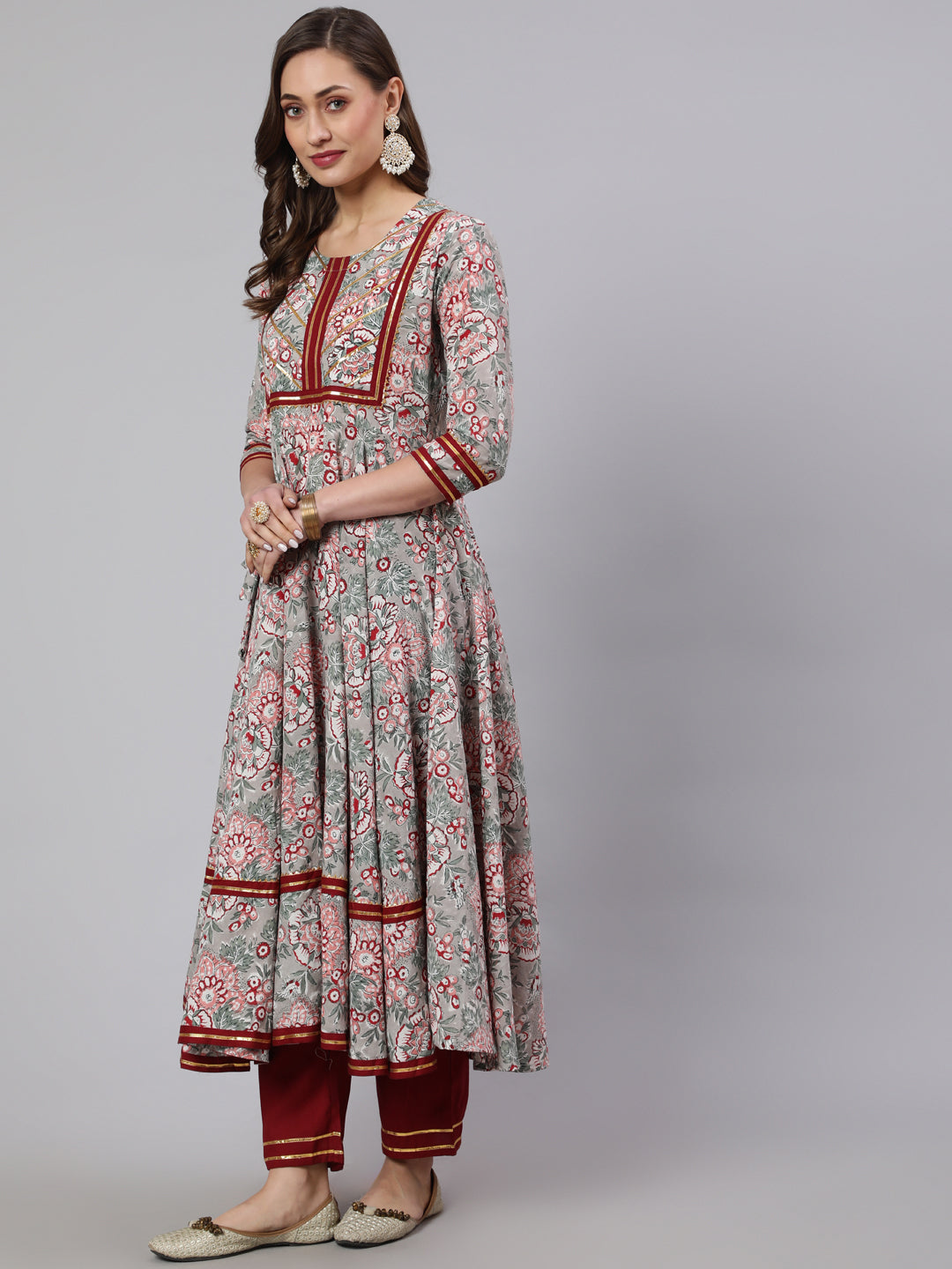 Rayon Printed Ankle Length Flared 3/4 Sleeve Round Neck Kurta, Pants With Dupatta Set