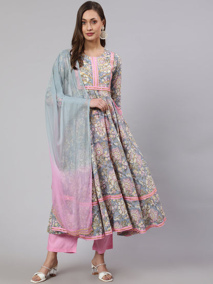 Rayon Printed Ankle Length Flared 3/4 Sleeve Round Neck Kurta, Pants With Dupatta Set