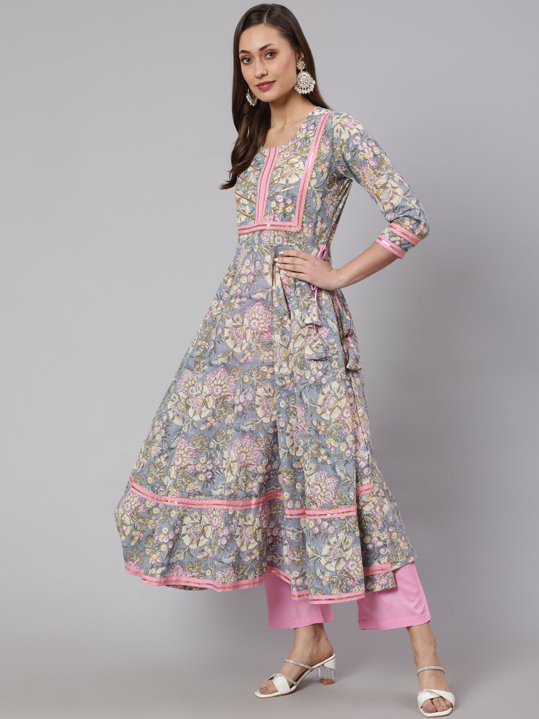 Rayon Printed Ankle Length Flared 3/4 Sleeve Round Neck Kurta, Pants With Dupatta Set