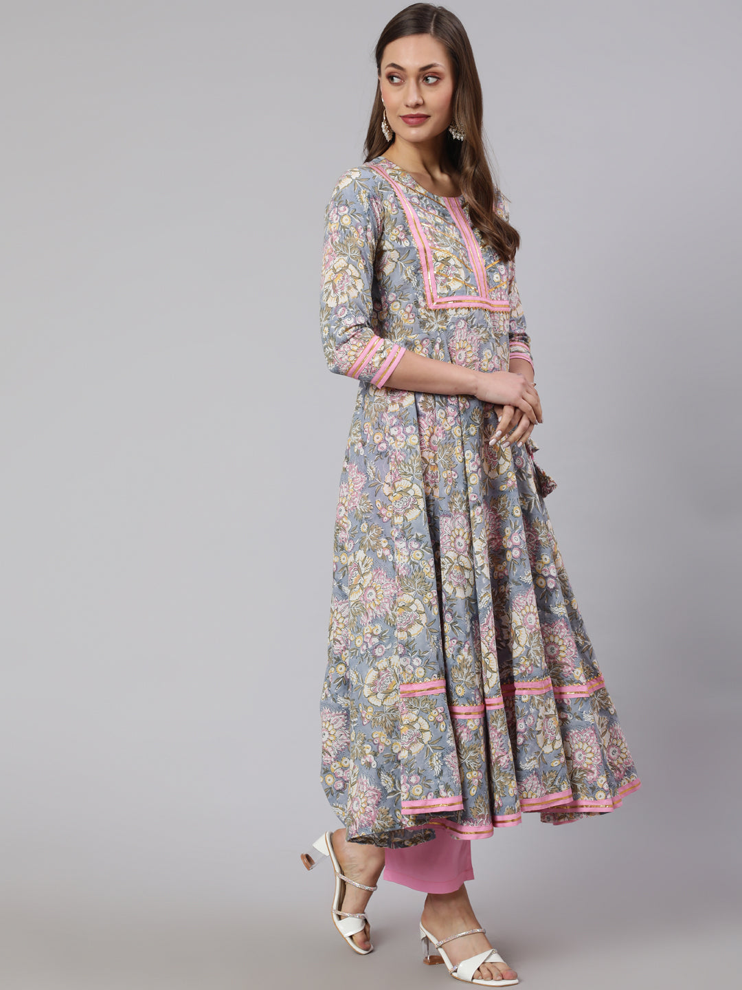 Rayon Printed Ankle Length Flared 3/4 Sleeve Round Neck Kurta, Pants With Dupatta Set