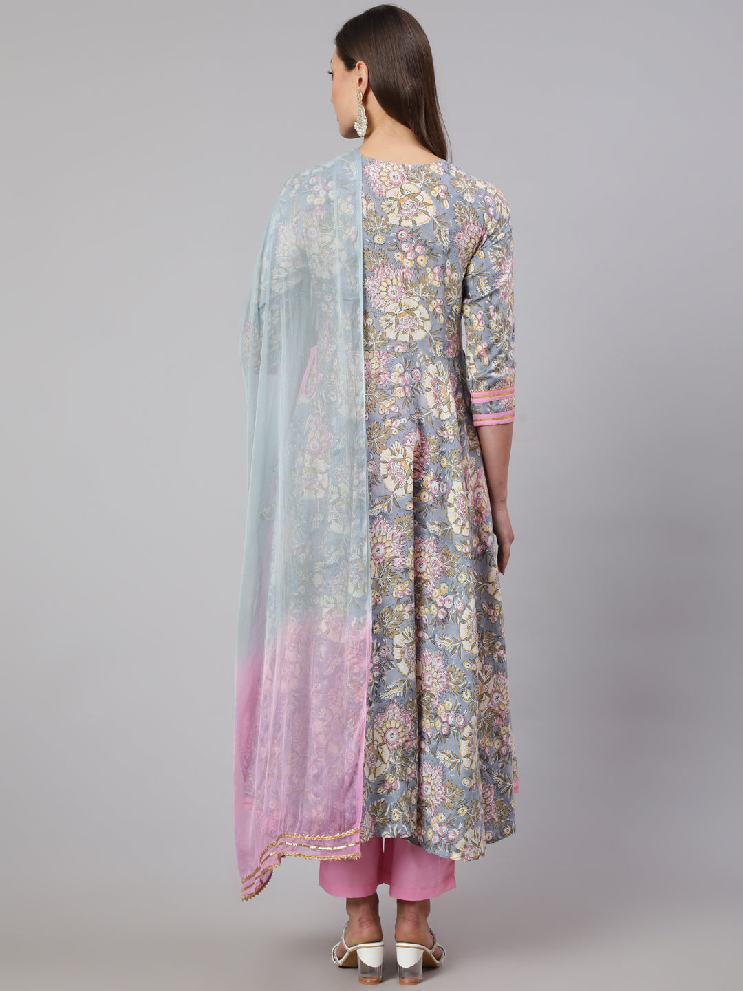 Rayon Printed Ankle Length Flared 3/4 Sleeve Round Neck Kurta, Pants With Dupatta Set