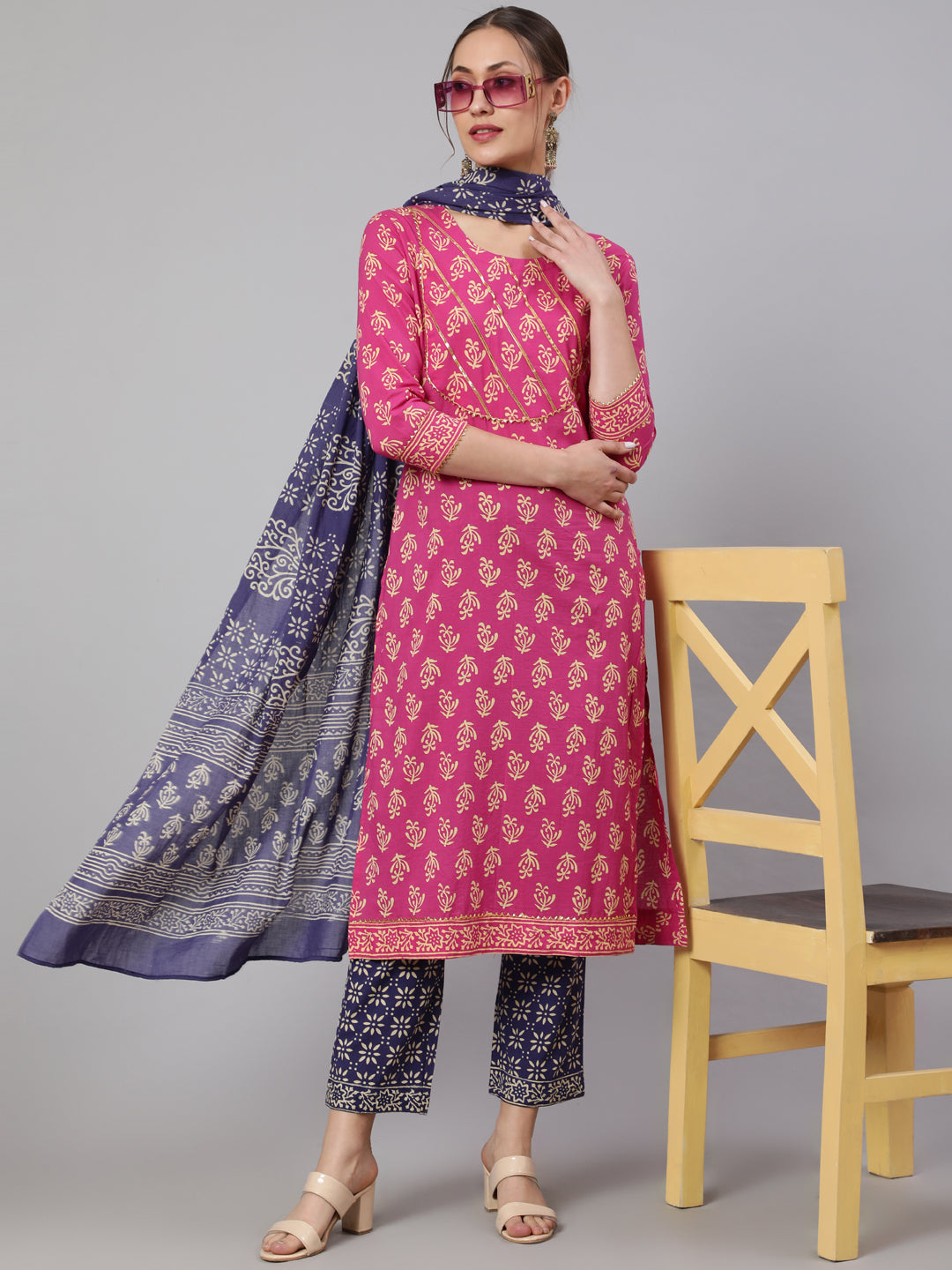 Cotton Printed Calf Length Straight Round Neck Kurta, Pants With Dupatta Set