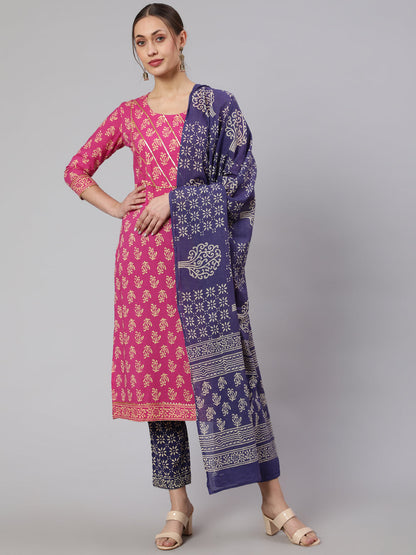 Cotton Printed Calf Length Straight Round Neck Kurta, Pants With Dupatta Set