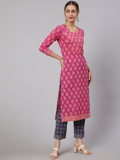 Cotton Printed Calf Length Straight Round Neck Kurta, Pants With Dupatta Set