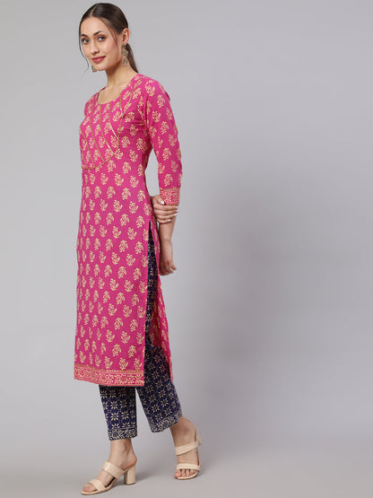 Cotton Printed Calf Length Straight Round Neck Kurta, Pants With Dupatta Set