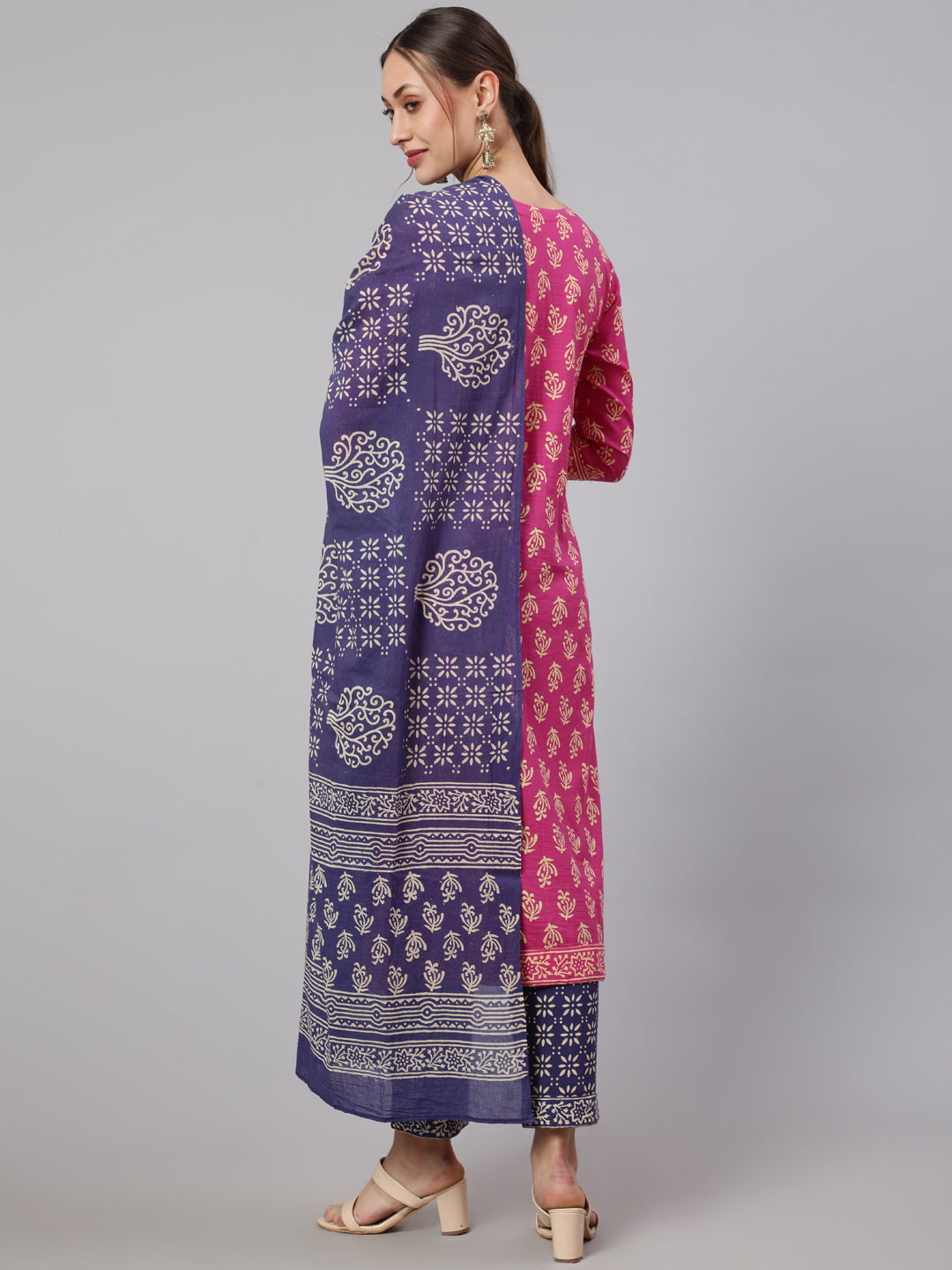 Cotton Printed Calf Length Straight Round Neck Kurta, Pants With Dupatta Set