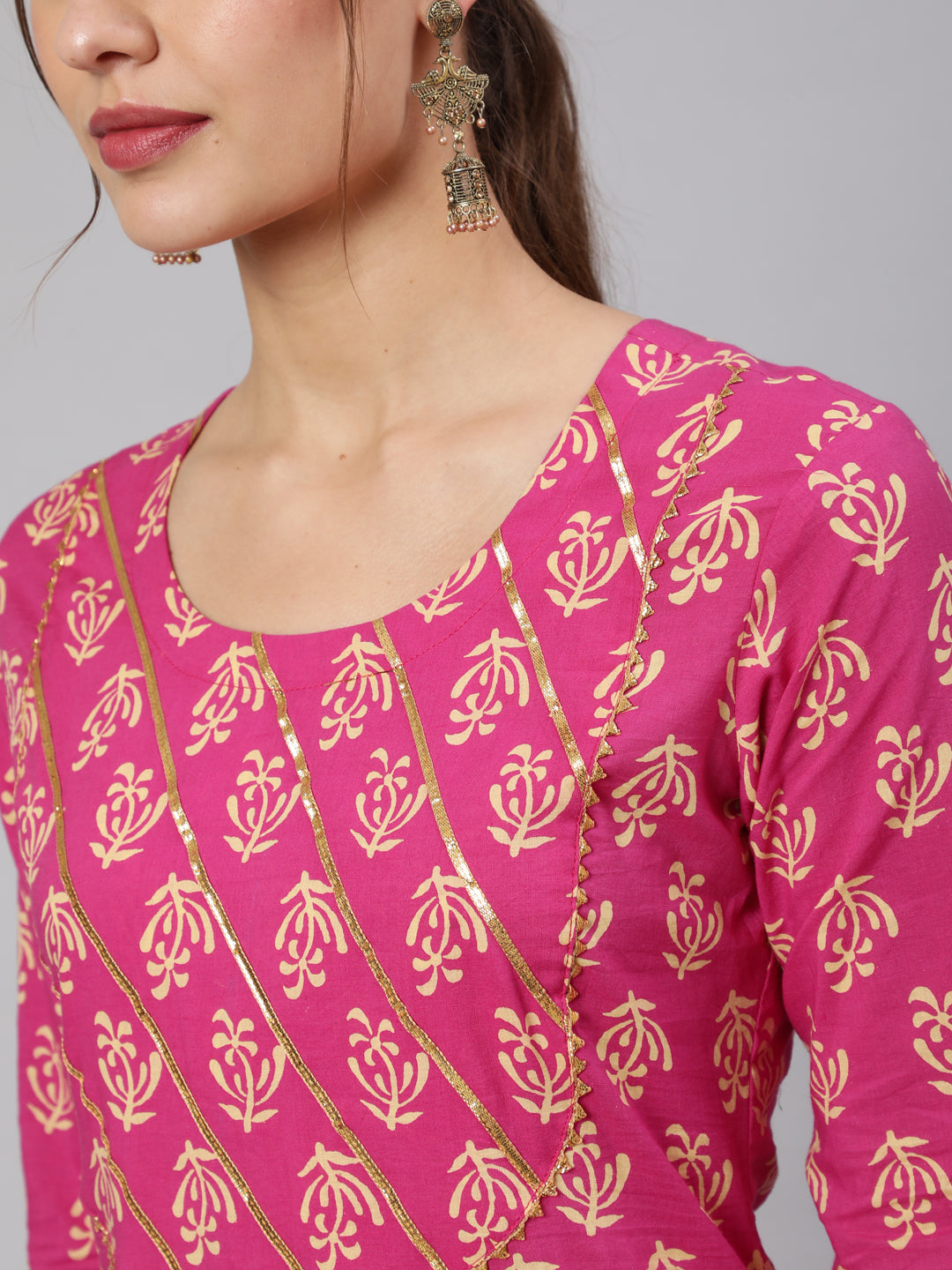 Cotton Printed Calf Length Straight Round Neck Kurta, Pants With Dupatta Set