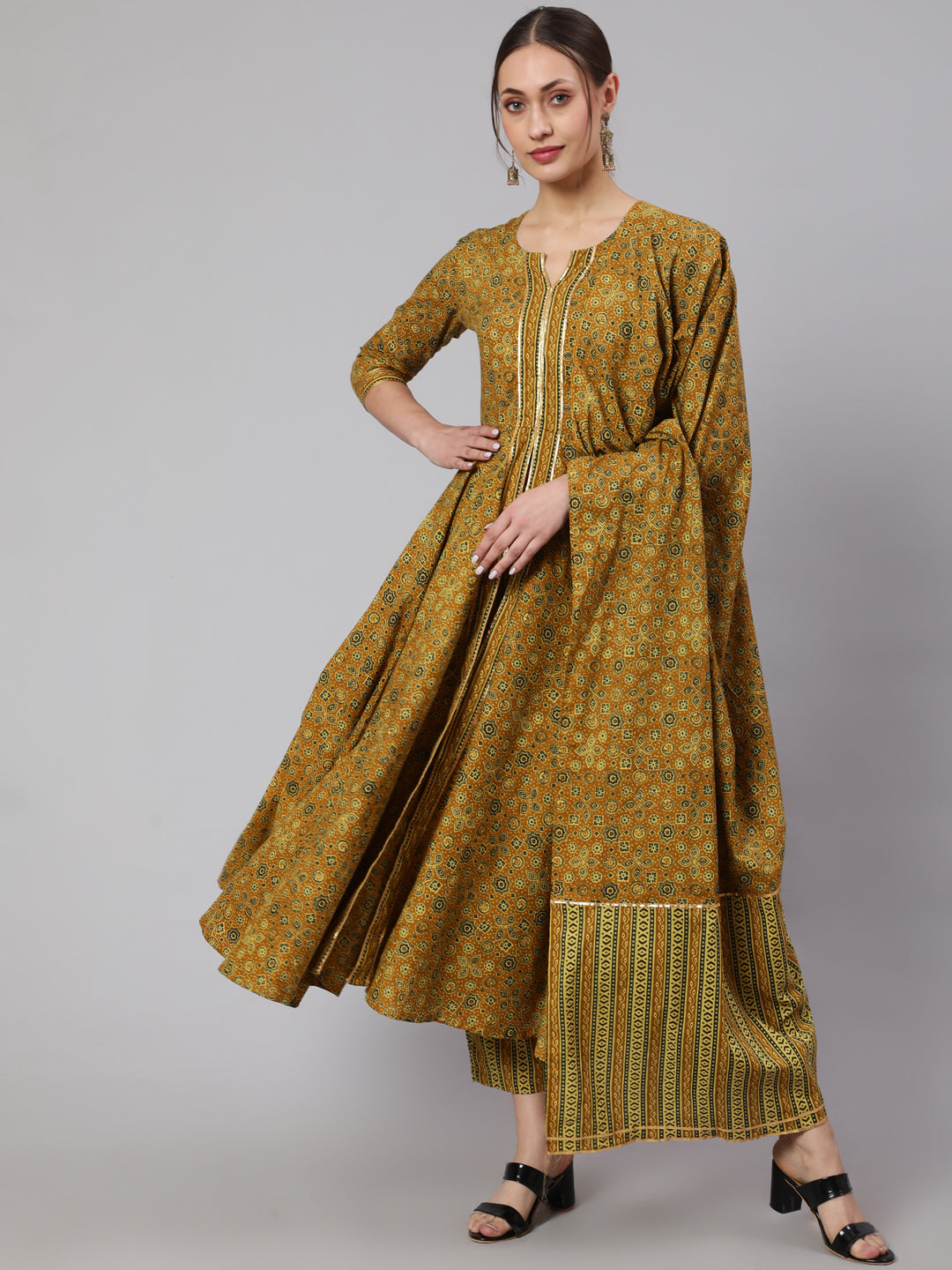 Cotton Printed Ankle Length Flared 3/4 Sleeve Round Neck Kurta, Pants With Dupatta Set