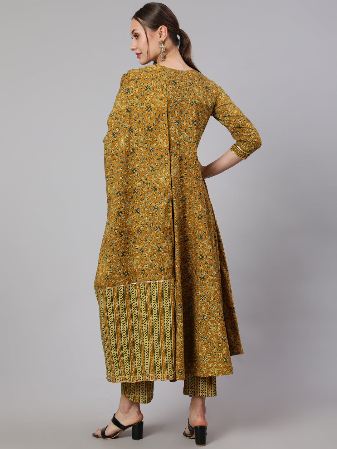 Cotton Printed Ankle Length Flared 3/4 Sleeve Round Neck Kurta, Pants With Dupatta Set