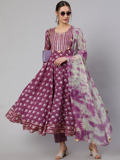 Cotton Printed Ankle Length Flared 3/4 Sleeve Round Neck Kurta, Pants With Dupatta Set