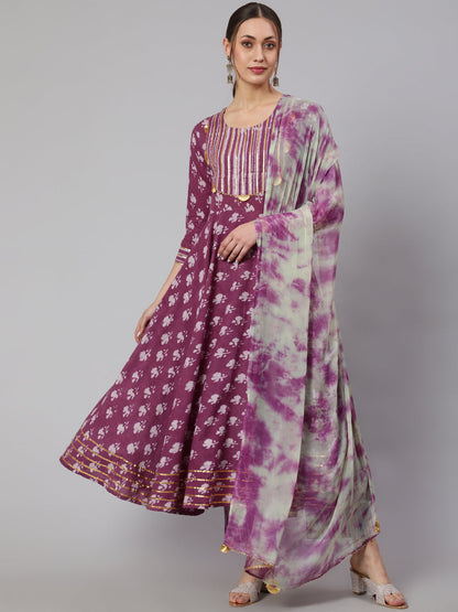 Cotton Printed Ankle Length Flared 3/4 Sleeve Round Neck Kurta, Pants With Dupatta Set