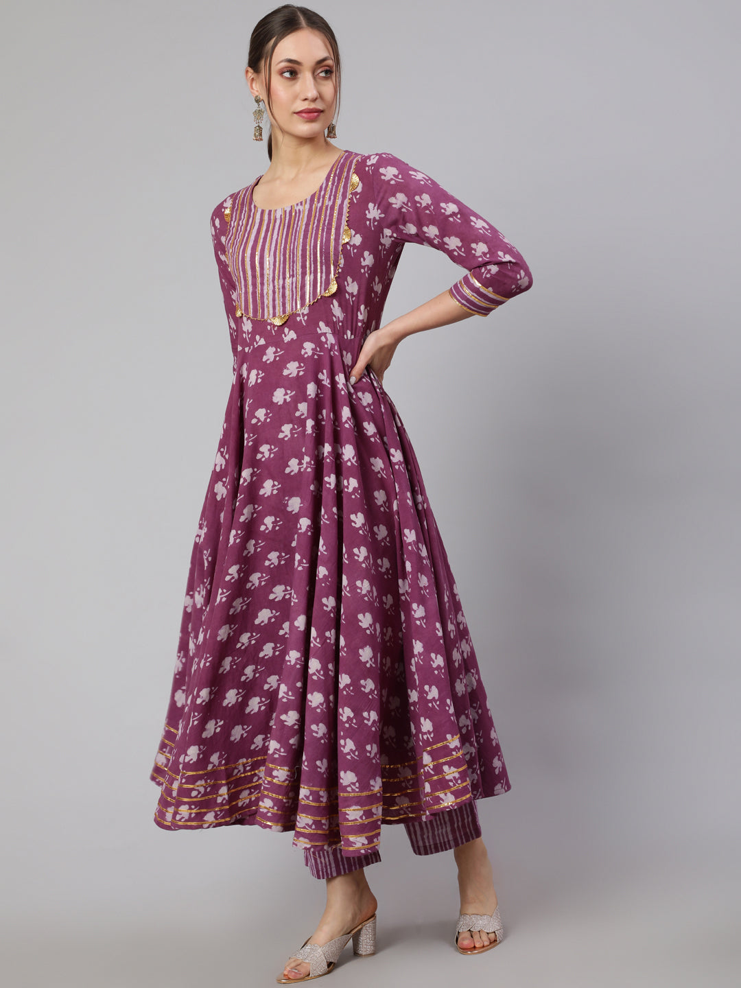 Cotton Printed Ankle Length Flared 3/4 Sleeve Round Neck Kurta, Pants With Dupatta Set