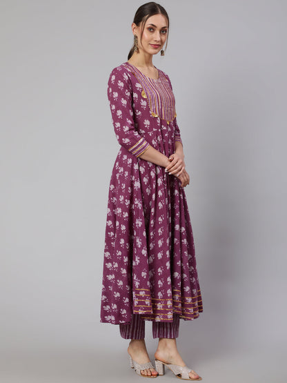 Cotton Printed Ankle Length Flared 3/4 Sleeve Round Neck Kurta, Pants With Dupatta Set