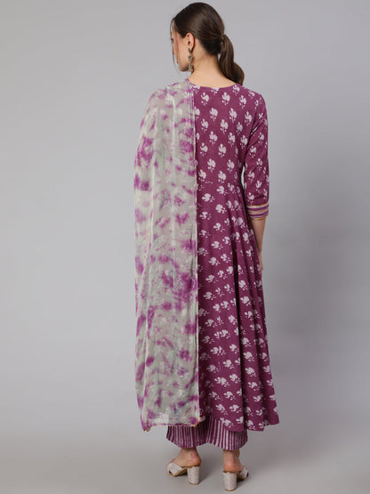 Cotton Printed Ankle Length Flared 3/4 Sleeve Round Neck Kurta, Pants With Dupatta Set