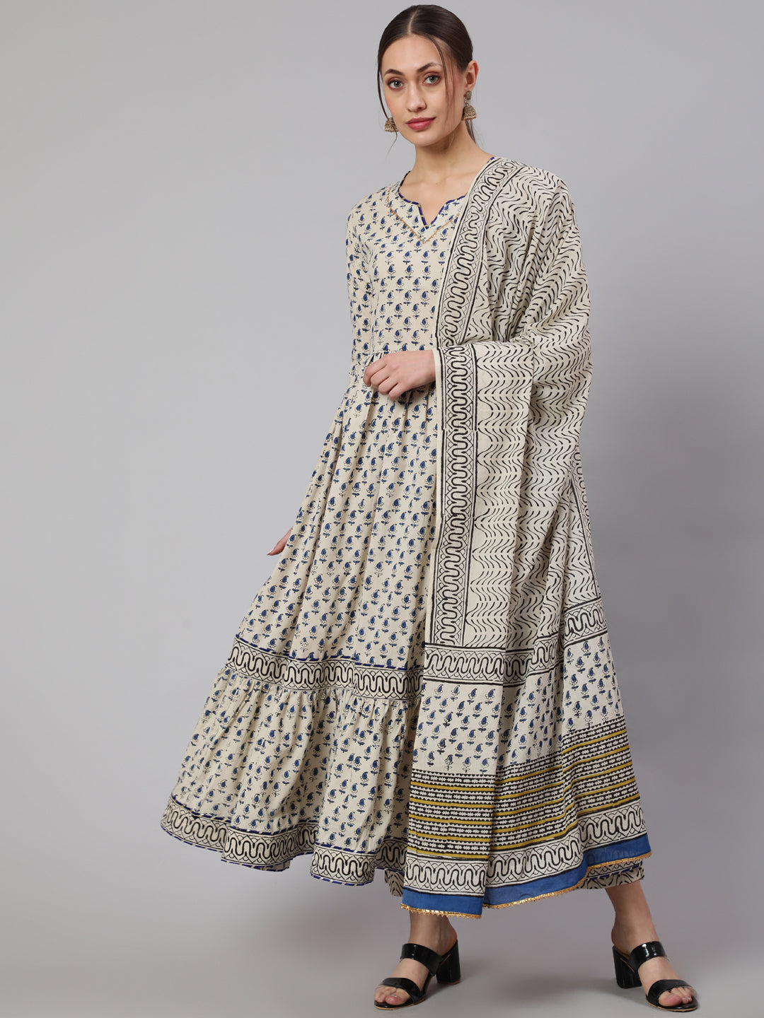 Cotton Printed Ankle Length Flared 3/4 Sleeve Round Neck Kurta, Pants With Dupatta Set