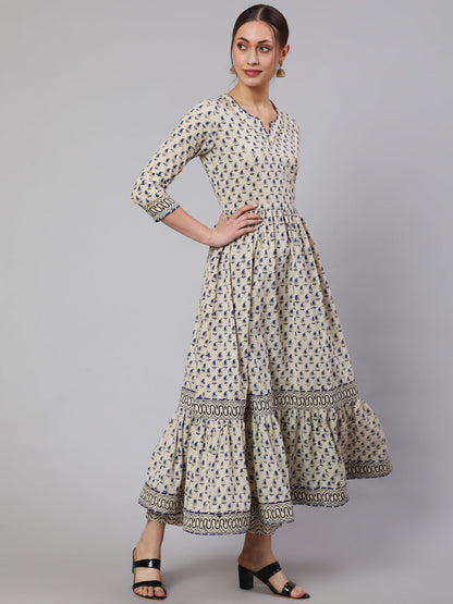 Cotton Printed Ankle Length Flared 3/4 Sleeve Round Neck Kurta, Pants With Dupatta Set