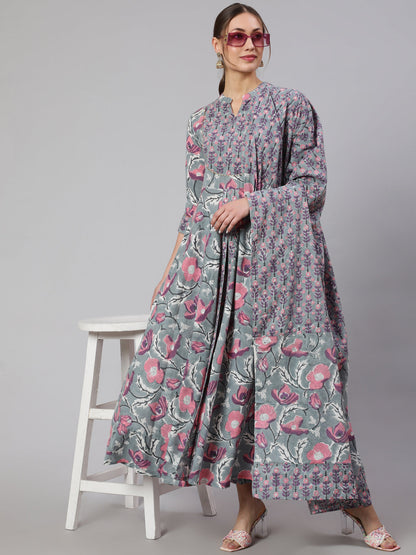 Cotton Printed Ankle Length Flared 3/4 Sleeve Mandarin Neck Kurta, Pants With Dupatta Set