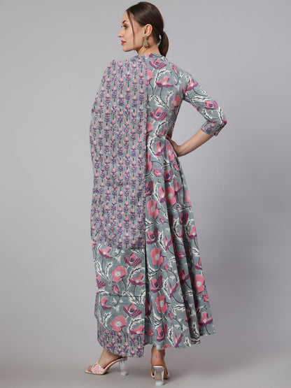 Cotton Printed Ankle Length Flared 3/4 Sleeve Mandarin Neck Kurta, Pants With Dupatta Set