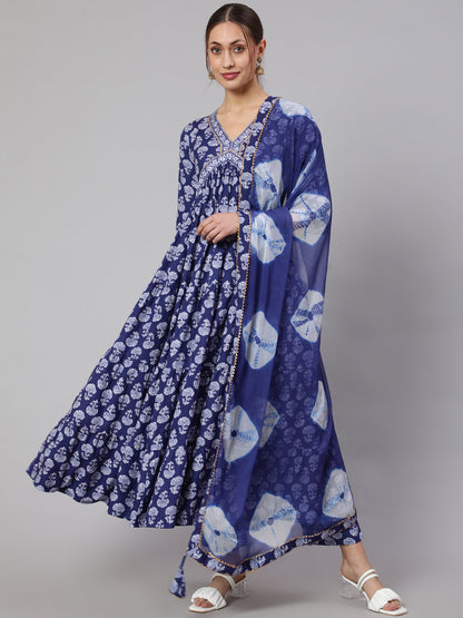 Rayon Printed Ankle Length Flared 3/4 Sleeve V Neck Kurta, Pants With Dupatta Set