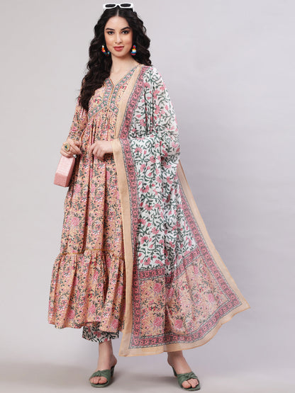 Cotton Printed Ankle Length Flared 3/4 Sleeve V Neck Kurta, Pants With Dupatta Set