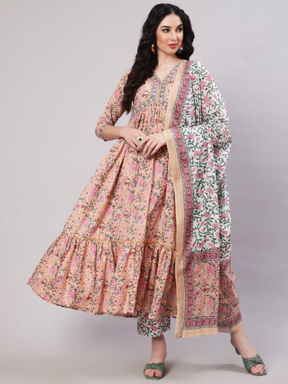 Cotton Printed Ankle Length Flared 3/4 Sleeve V Neck Kurta, Pants With Dupatta Set