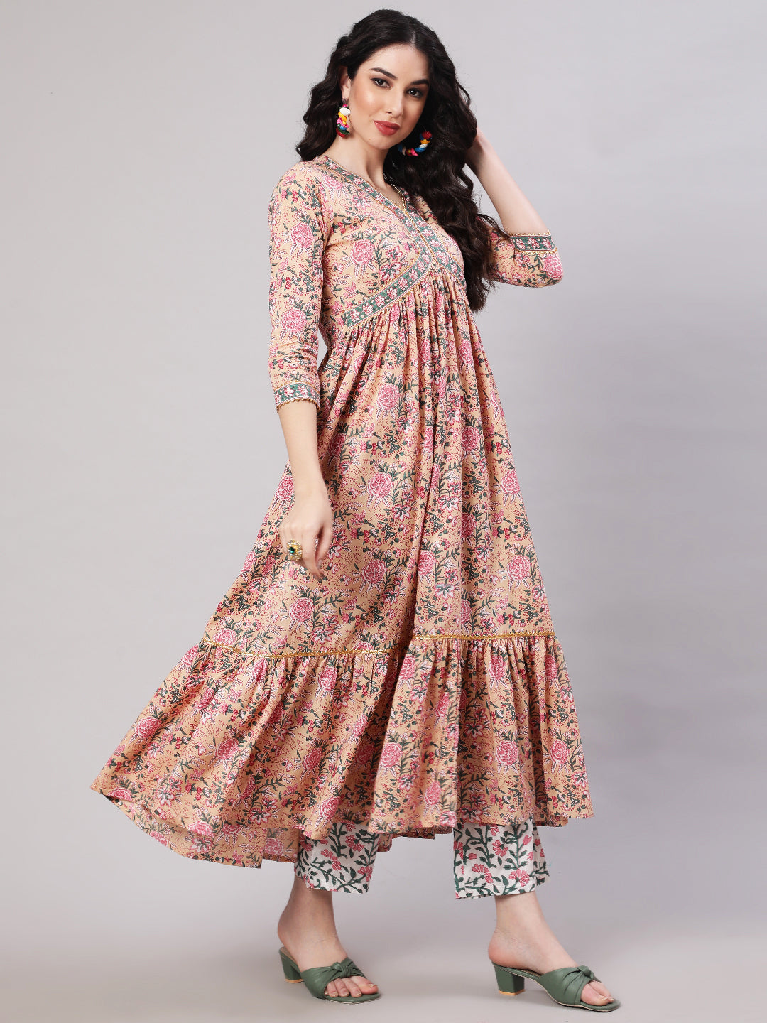 Cotton Printed Ankle Length Flared 3/4 Sleeve V Neck Kurta, Pants With Dupatta Set