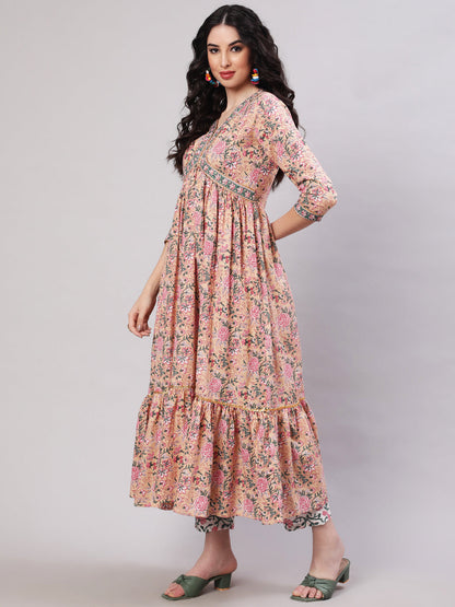 Cotton Printed Ankle Length Flared 3/4 Sleeve V Neck Kurta, Pants With Dupatta Set