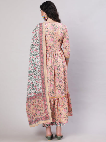 Cotton Printed Ankle Length Flared 3/4 Sleeve V Neck Kurta, Pants With Dupatta Set