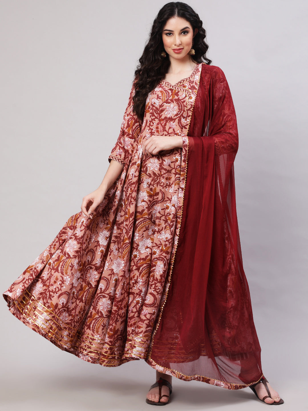 Rayon Printed Ankle Length Flared 3/4 Sleeve V Neck Kurta, Pants With Dupatta Set