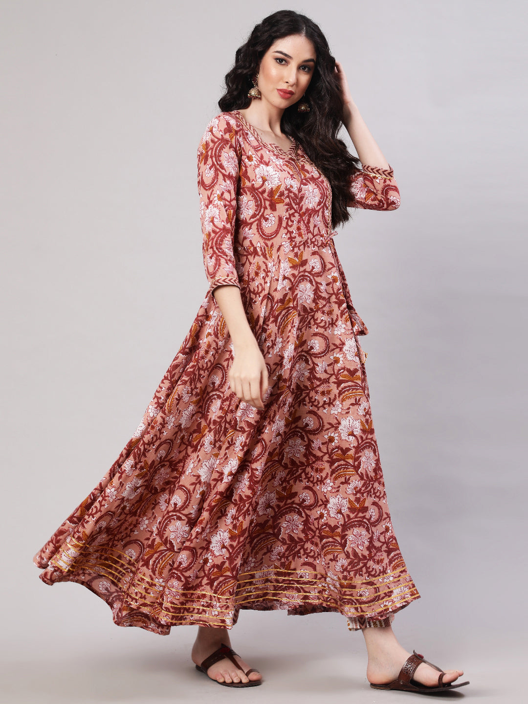 Rayon Printed Ankle Length Flared 3/4 Sleeve V Neck Kurta, Pants With Dupatta Set