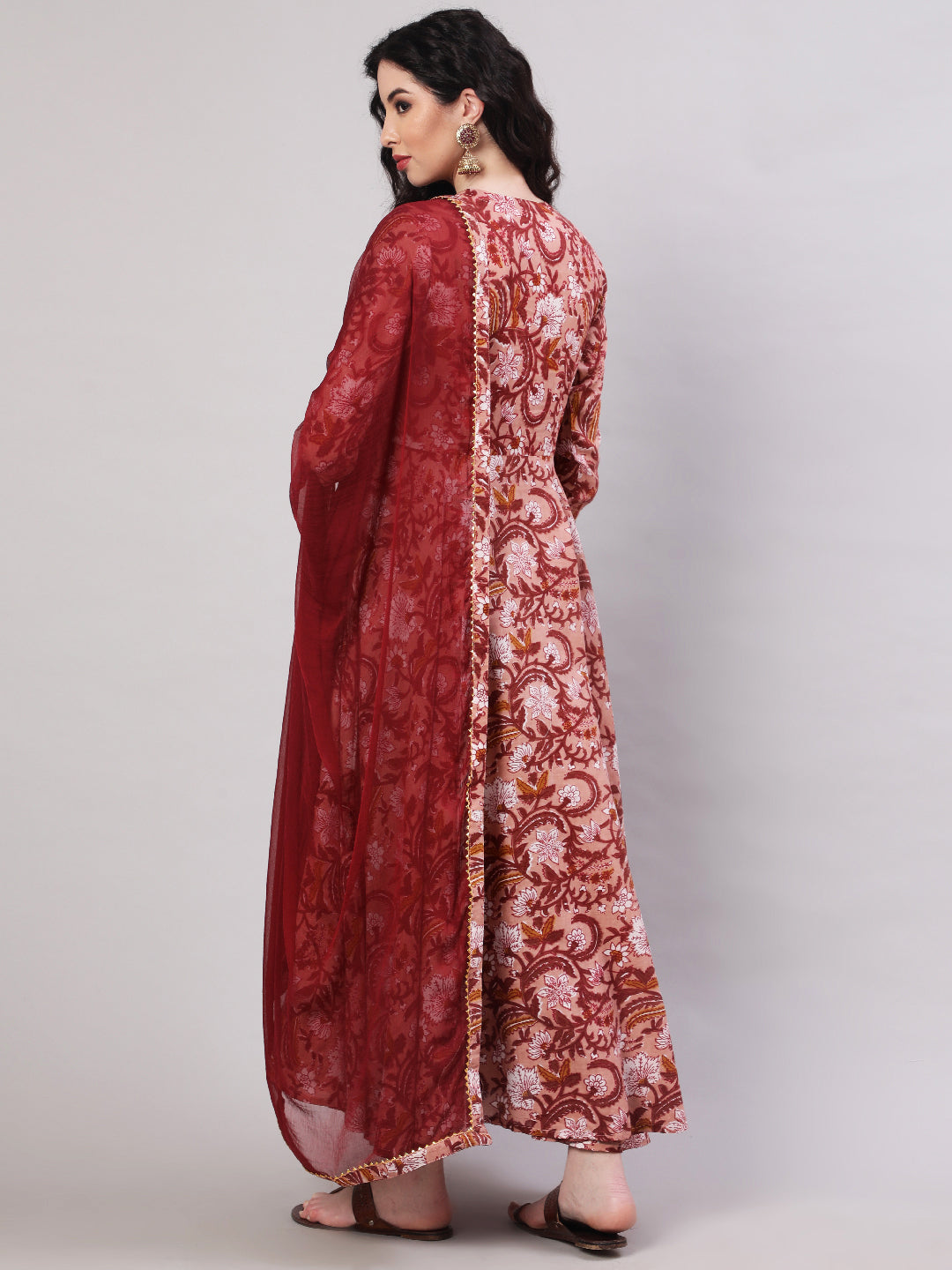 Rayon Printed Ankle Length Flared 3/4 Sleeve V Neck Kurta, Pants With Dupatta Set