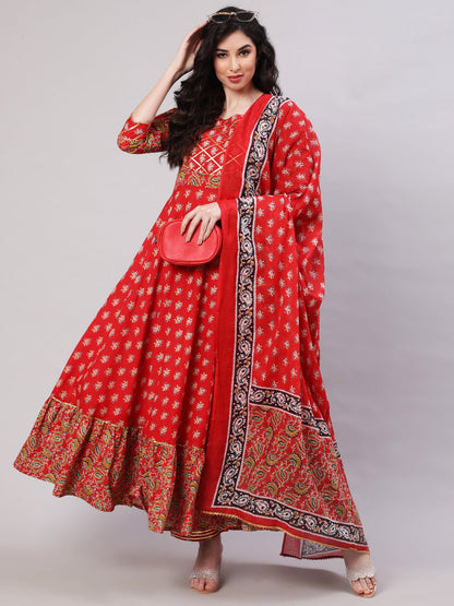 Rayon Printed Ankle Length Flared 3/4 Sleeve Round Neck Kurta, Pants With Dupatta Set