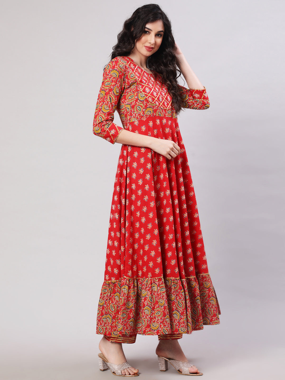 Rayon Printed Ankle Length Flared 3/4 Sleeve Round Neck Kurta, Pants With Dupatta Set