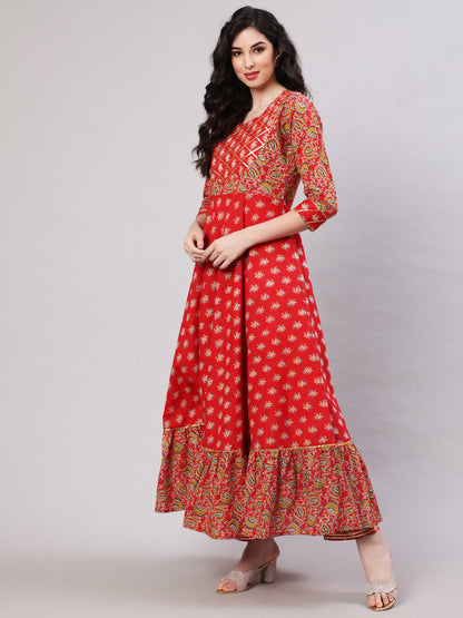 Rayon Printed Ankle Length Flared 3/4 Sleeve Round Neck Kurta, Pants With Dupatta Set