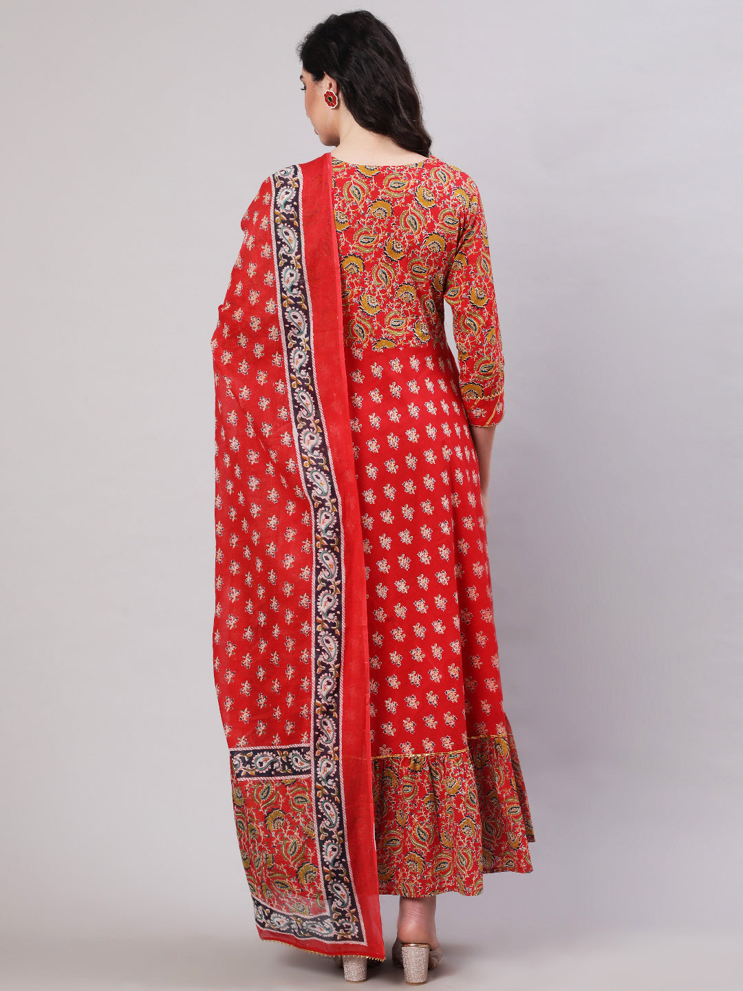 Rayon Printed Ankle Length Flared 3/4 Sleeve Round Neck Kurta, Pants With Dupatta Set