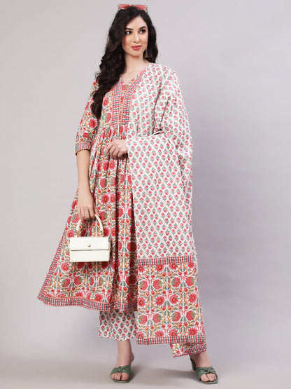 Cotton Printed Ankle Length Flared 3/4 Sleeve Round Neck Kurta, Pants With Dupatta Set