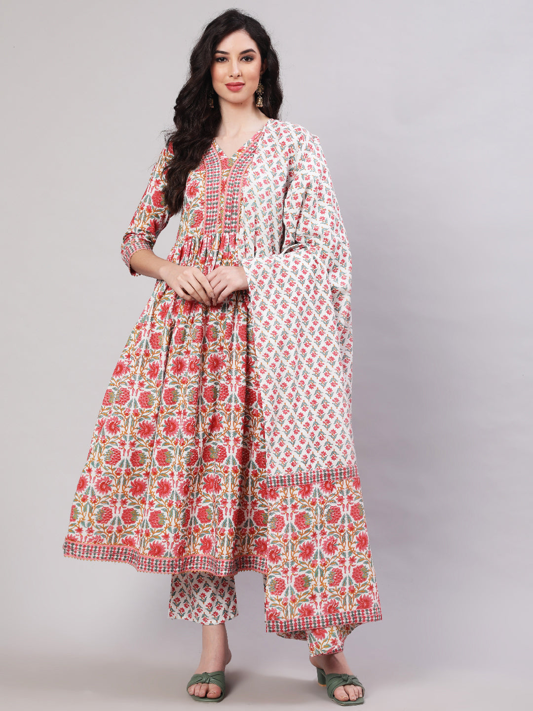 Cotton Printed Ankle Length Flared 3/4 Sleeve Round Neck Kurta, Pants With Dupatta Set