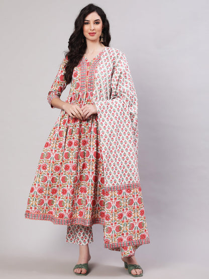 Cotton Printed Ankle Length Flared 3/4 Sleeve Round Neck Kurta, Pants With Dupatta Set