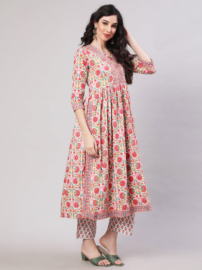 Cotton Printed Ankle Length Flared 3/4 Sleeve Round Neck Kurta, Pants With Dupatta Set