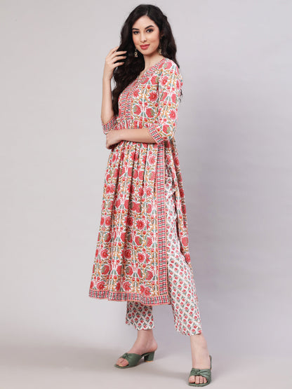 Cotton Printed Ankle Length Flared 3/4 Sleeve Round Neck Kurta, Pants With Dupatta Set