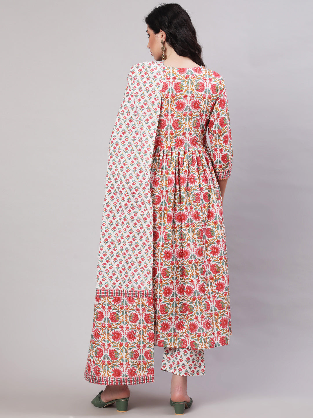 Cotton Printed Ankle Length Flared 3/4 Sleeve Round Neck Kurta, Pants With Dupatta Set