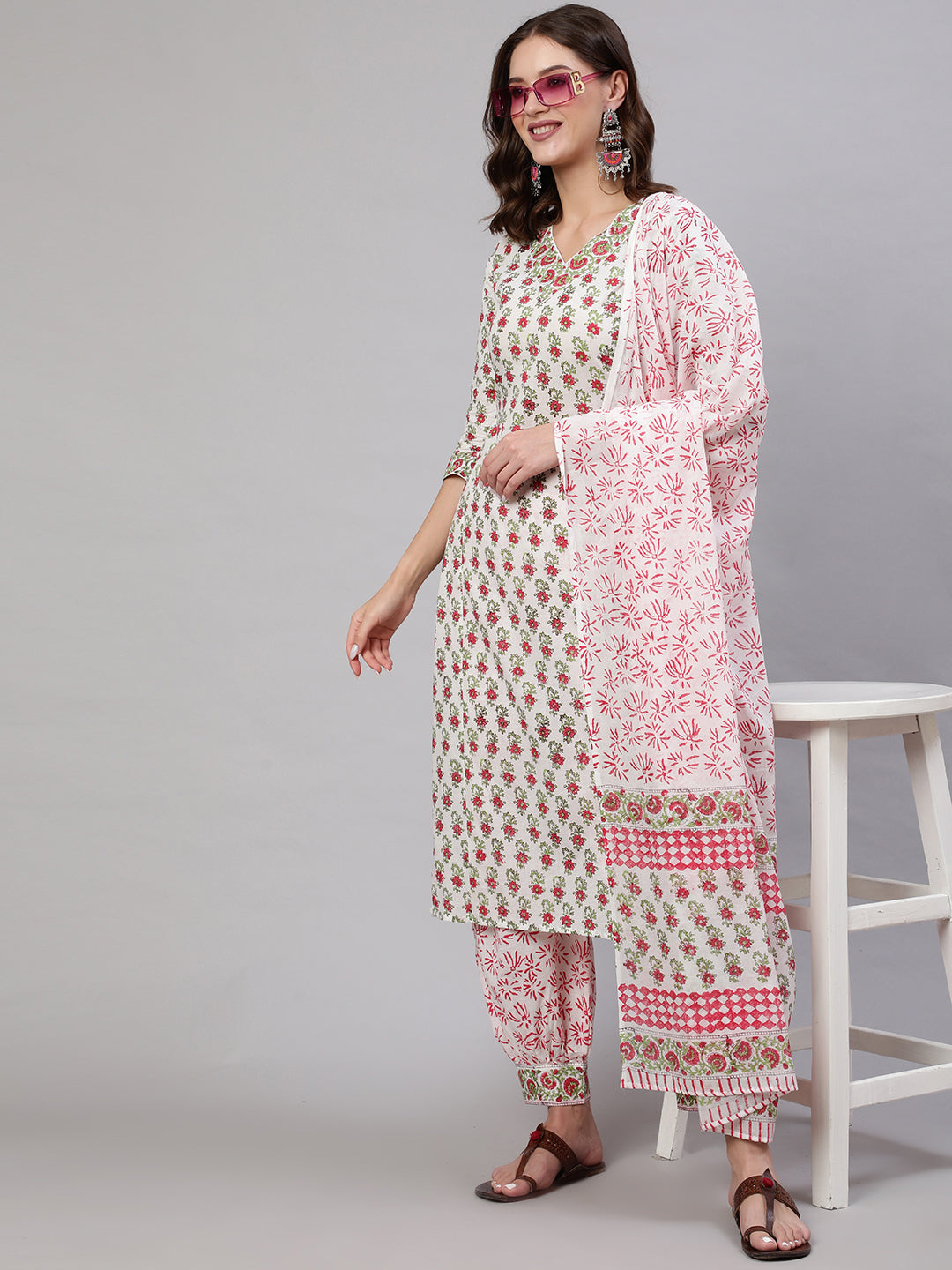 Cotton Printed Calf Length Straight 3/4 Sleeve Round Neck Kurta, Pants With Dupatta Set